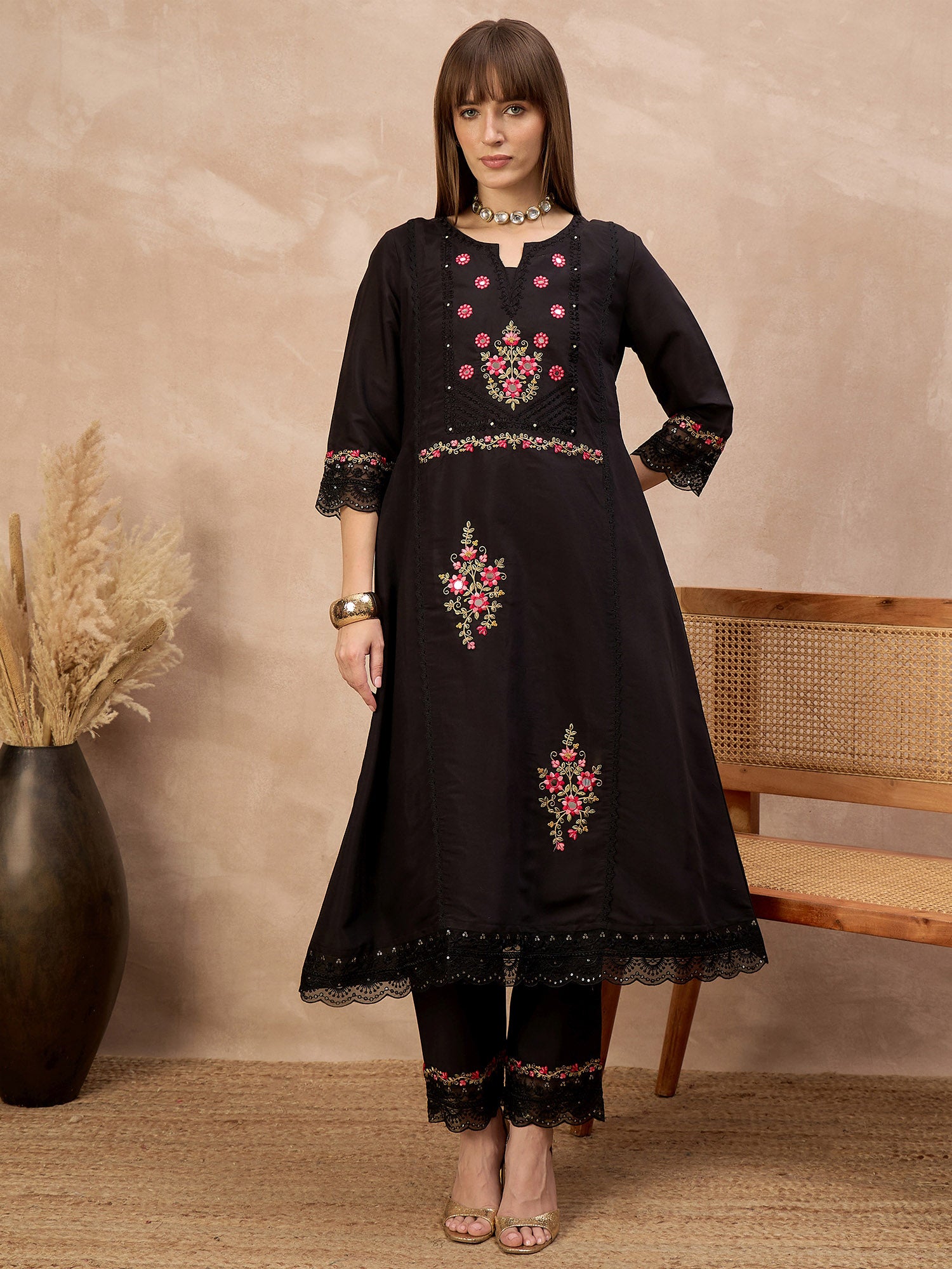 Black Silk Blend Embroideried A-Line Kurta Trouser With Dupatta