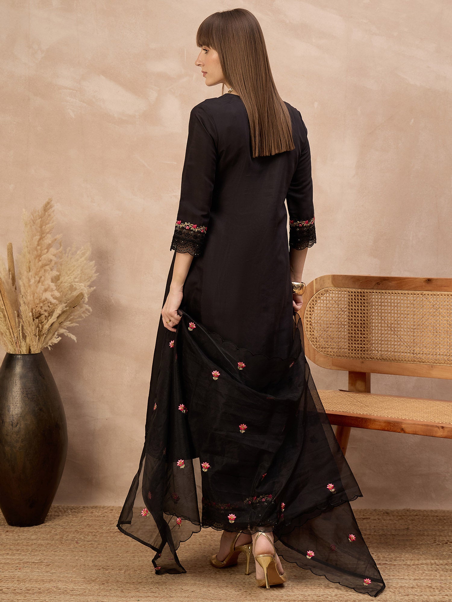 Black Silk Blend Embroideried A-Line Kurta Trouser With Dupatta