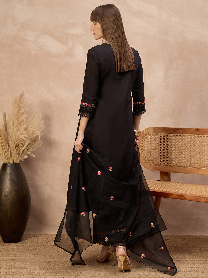 Black Silk Blend Embroideried A-Line Kurta Trouser With Dupatta