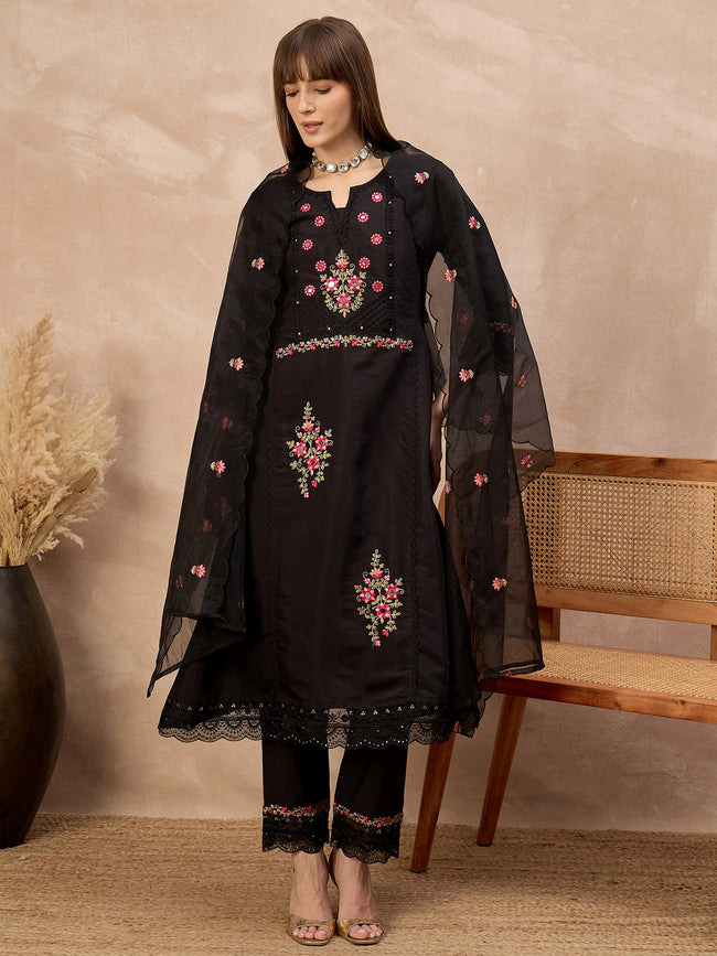 Black Silk Blend Embroideried A-Line Kurta Trouser With Dupatta