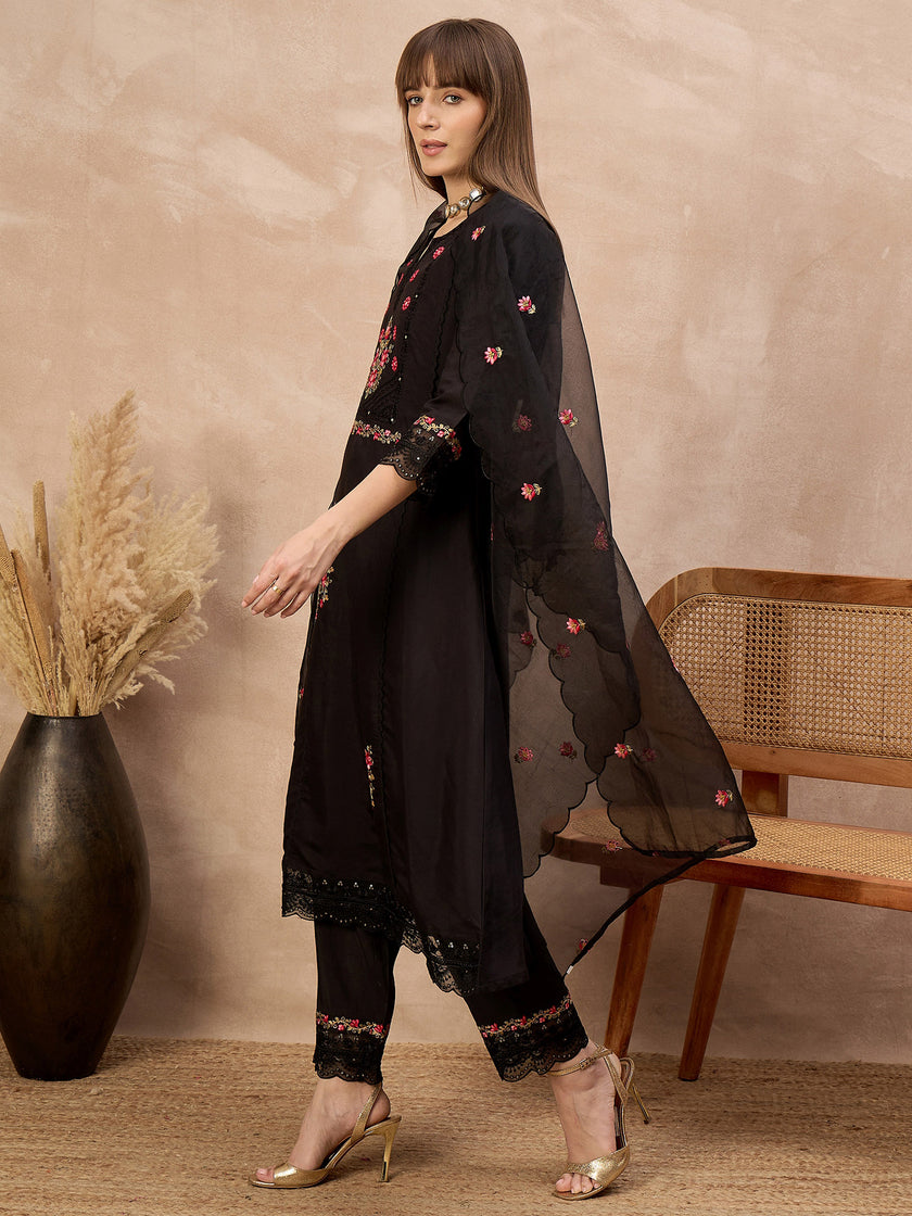Black Silk Blend Embroideried A-Line Kurta Trouser With Dupatta