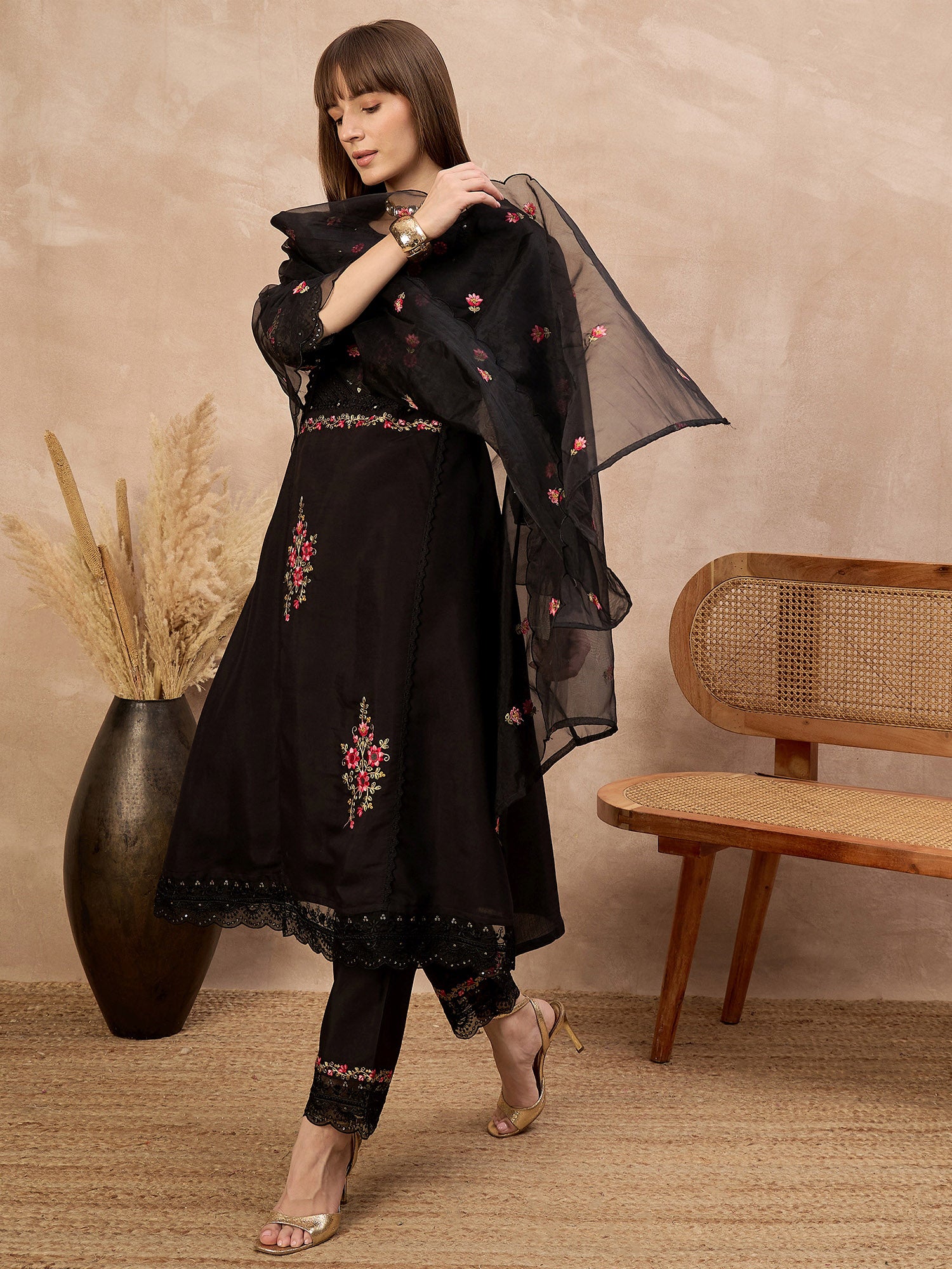 Black Silk Blend Embroideried A-Line Kurta Trouser With Dupatta