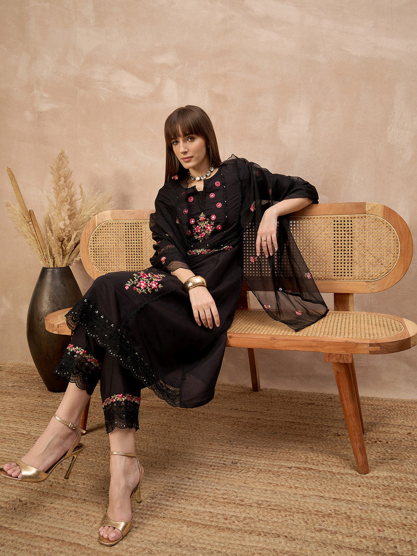 Black Silk Blend Embroideried A-Line Kurta Trouser With Dupatta