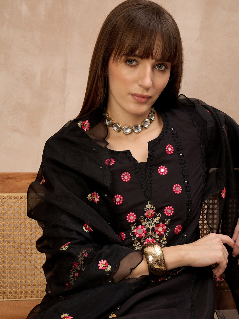 Black Silk Blend Embroideried A-Line Kurta Trouser With Dupatta