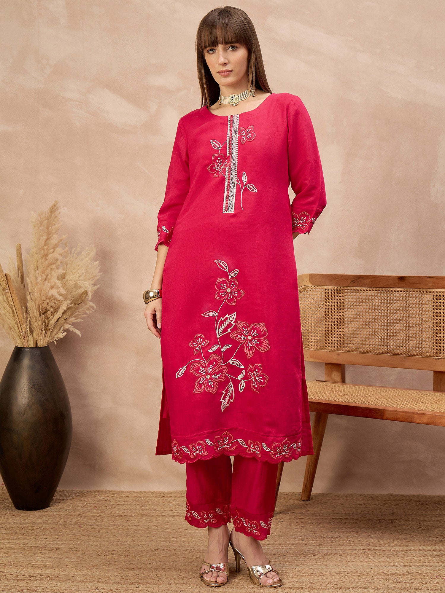 Rose Cotton Blend Embroideried A-Line Kurta Trouser With Dupatta