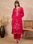 Rose Cotton Blend Embroideried A-Line Kurta Trouser With Dupatta