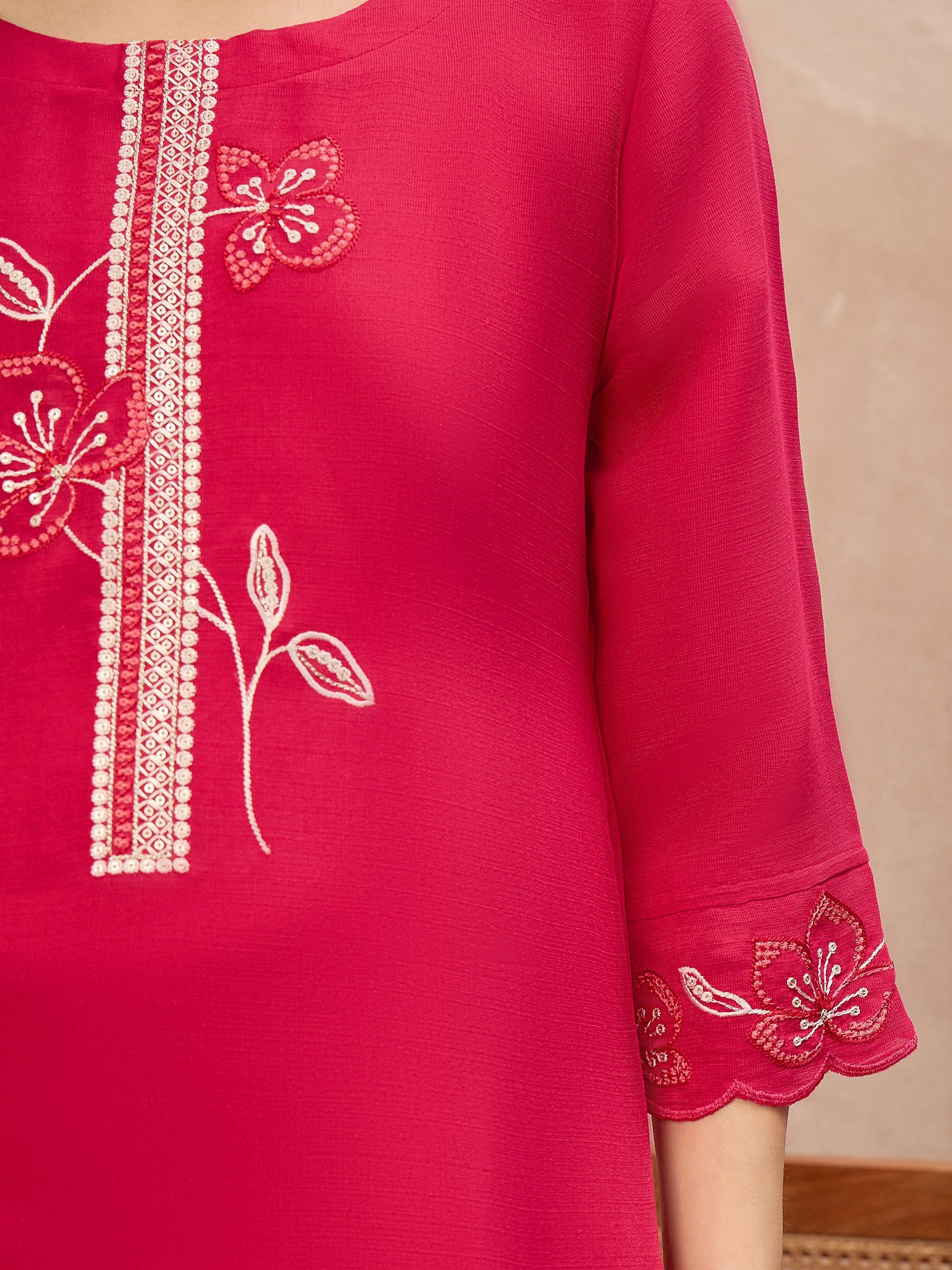 Rose Cotton Blend Embroideried A-Line Kurta Trouser With Dupatta