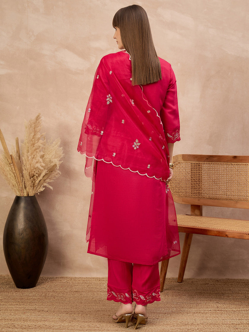 Rose Cotton Blend Embroideried A-Line Kurta Trouser With Dupatta