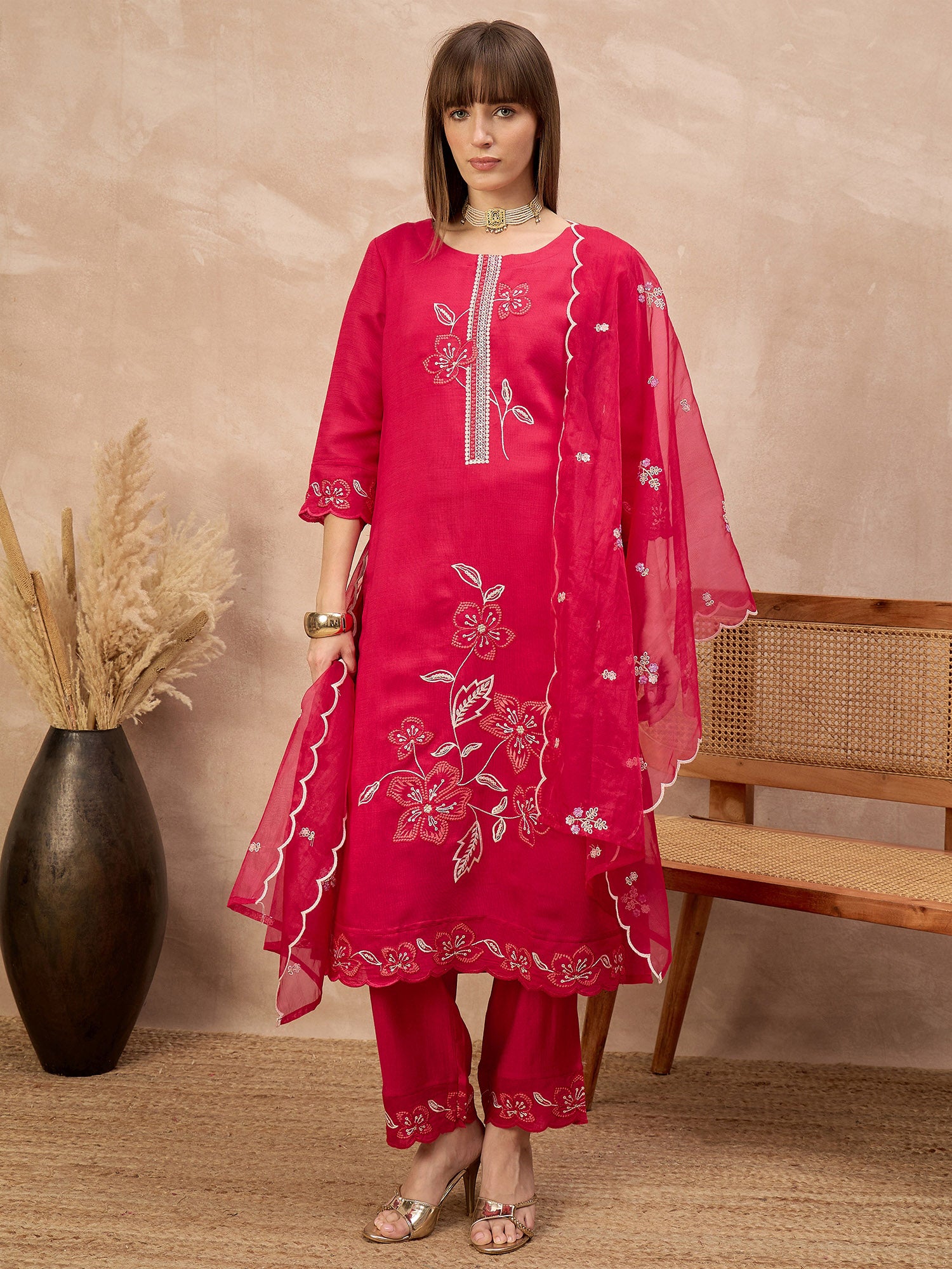 Rose Cotton Blend Embroideried A-Line Kurta Trouser With Dupatta