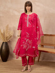 Rose Cotton Blend Embroideried A-Line Kurta Trouser With Dupatta