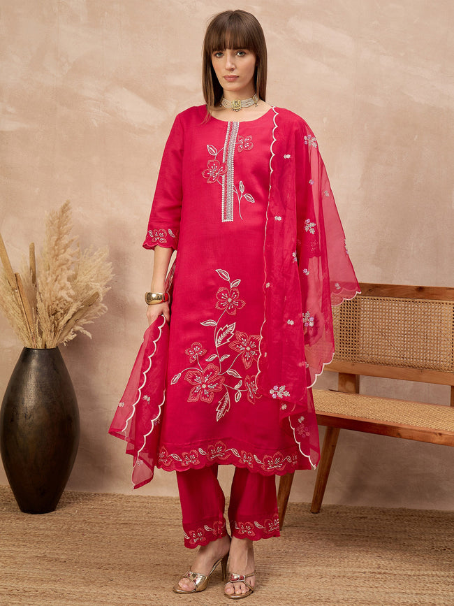 Rose Cotton Blend Embroideried A-Line Kurta Trouser With Dupatta