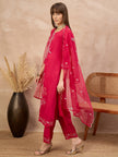 Rose Cotton Blend Embroideried A-Line Kurta Trouser With Dupatta