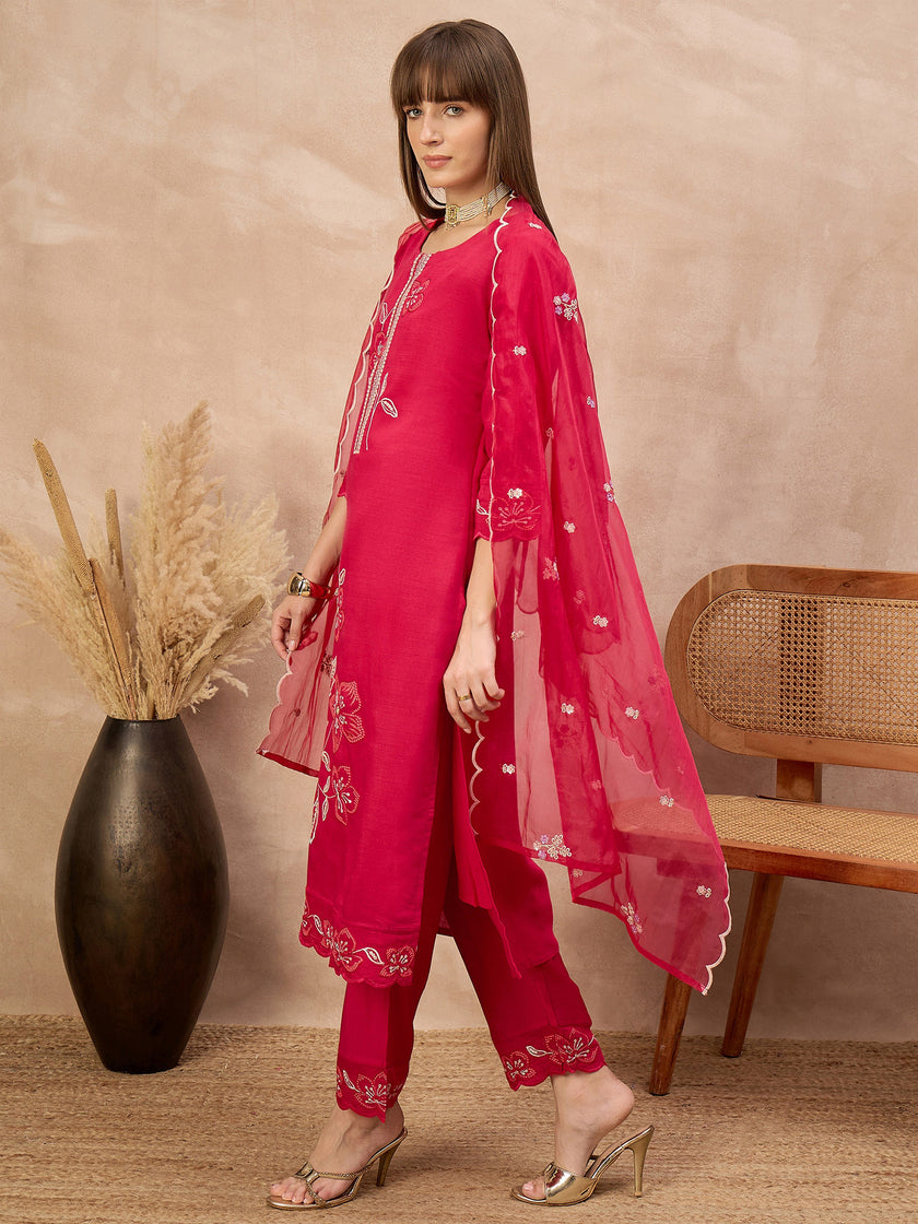 Rose Cotton Blend Embroideried A-Line Kurta Trouser With Dupatta