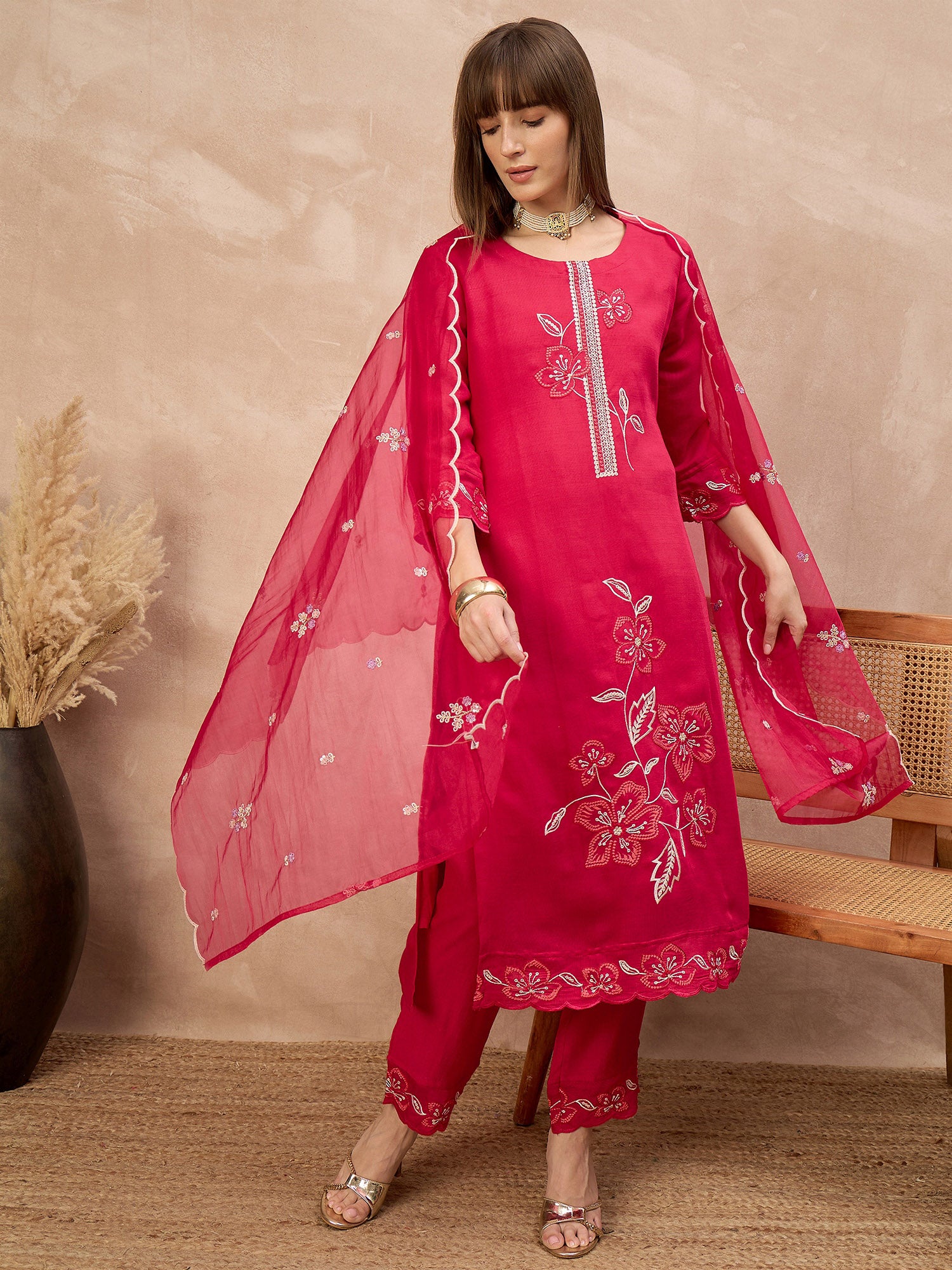 Rose Cotton Blend Embroideried A-Line Kurta Trouser With Dupatta