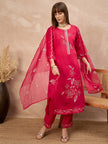 Rose Cotton Blend Embroideried A-Line Kurta Trouser With Dupatta