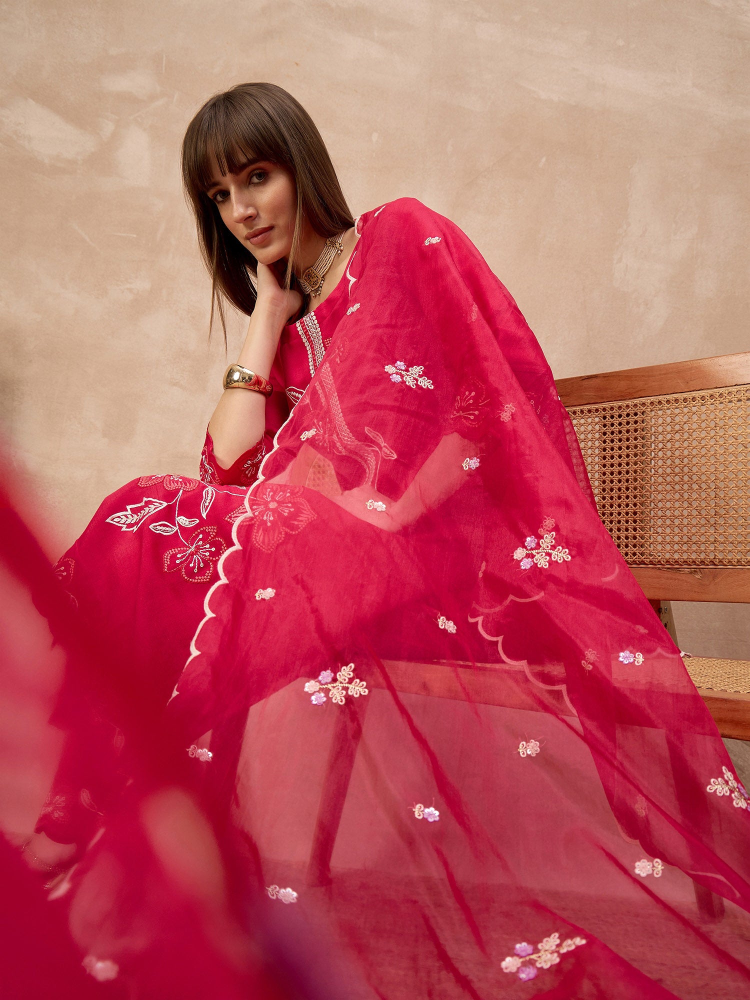 Rose Cotton Blend Embroideried A-Line Kurta Trouser With Dupatta