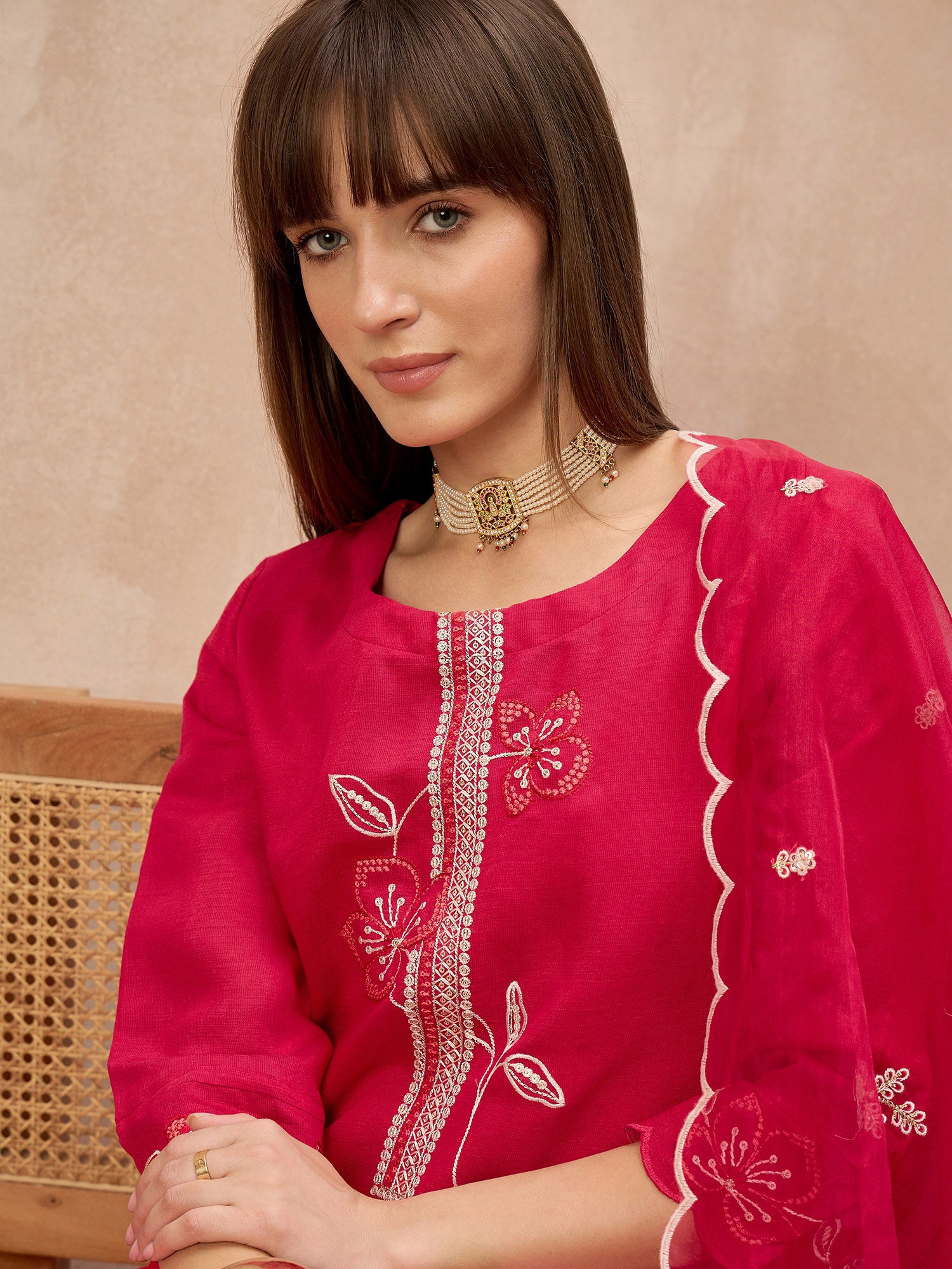 Rose Cotton Blend Embroideried A-Line Kurta Trouser With Dupatta