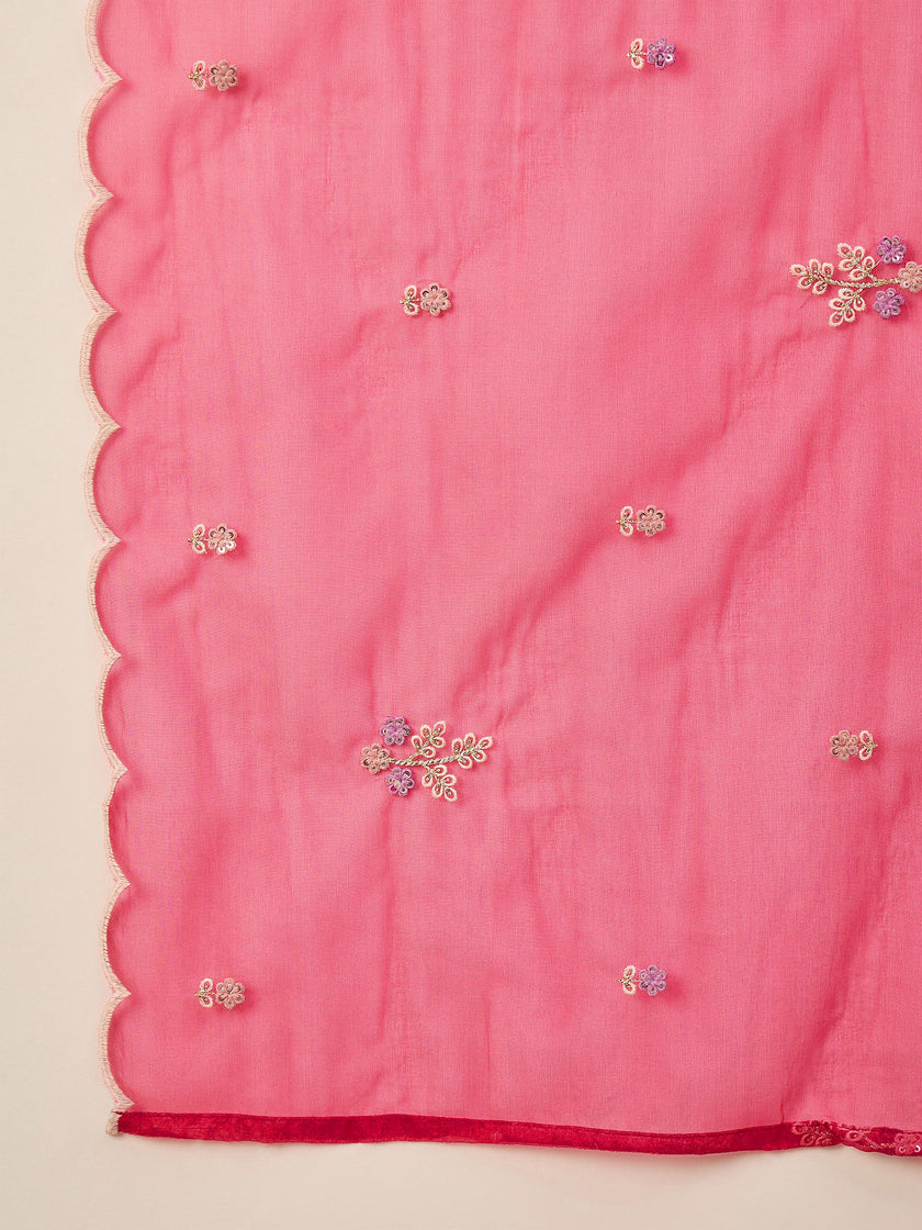 Rose Cotton Blend Embroideried A-Line Kurta Trouser With Dupatta