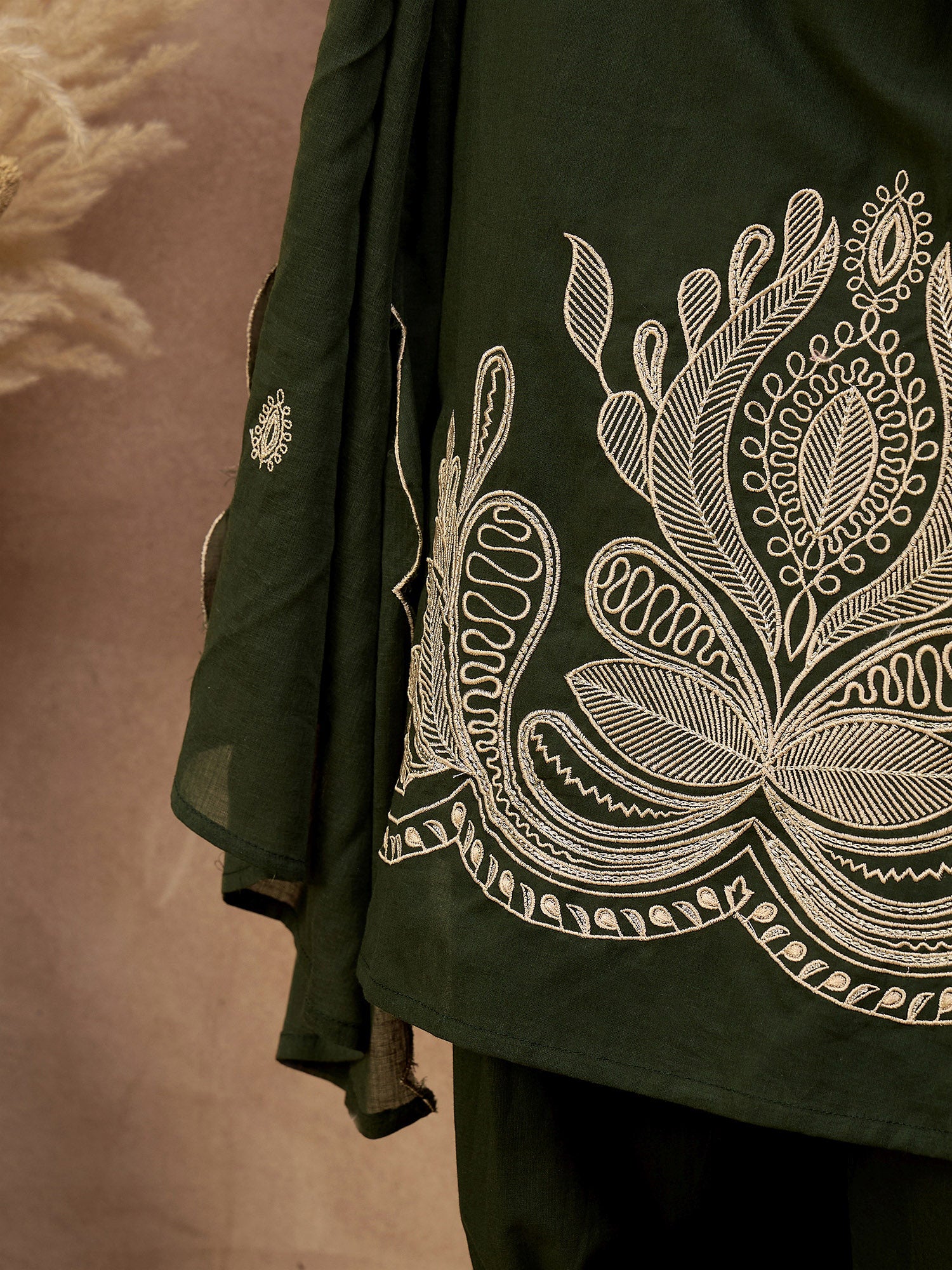 Green Pure Cotton Embroidered A-Line Kurta Trouser With Embroidered Dupatta