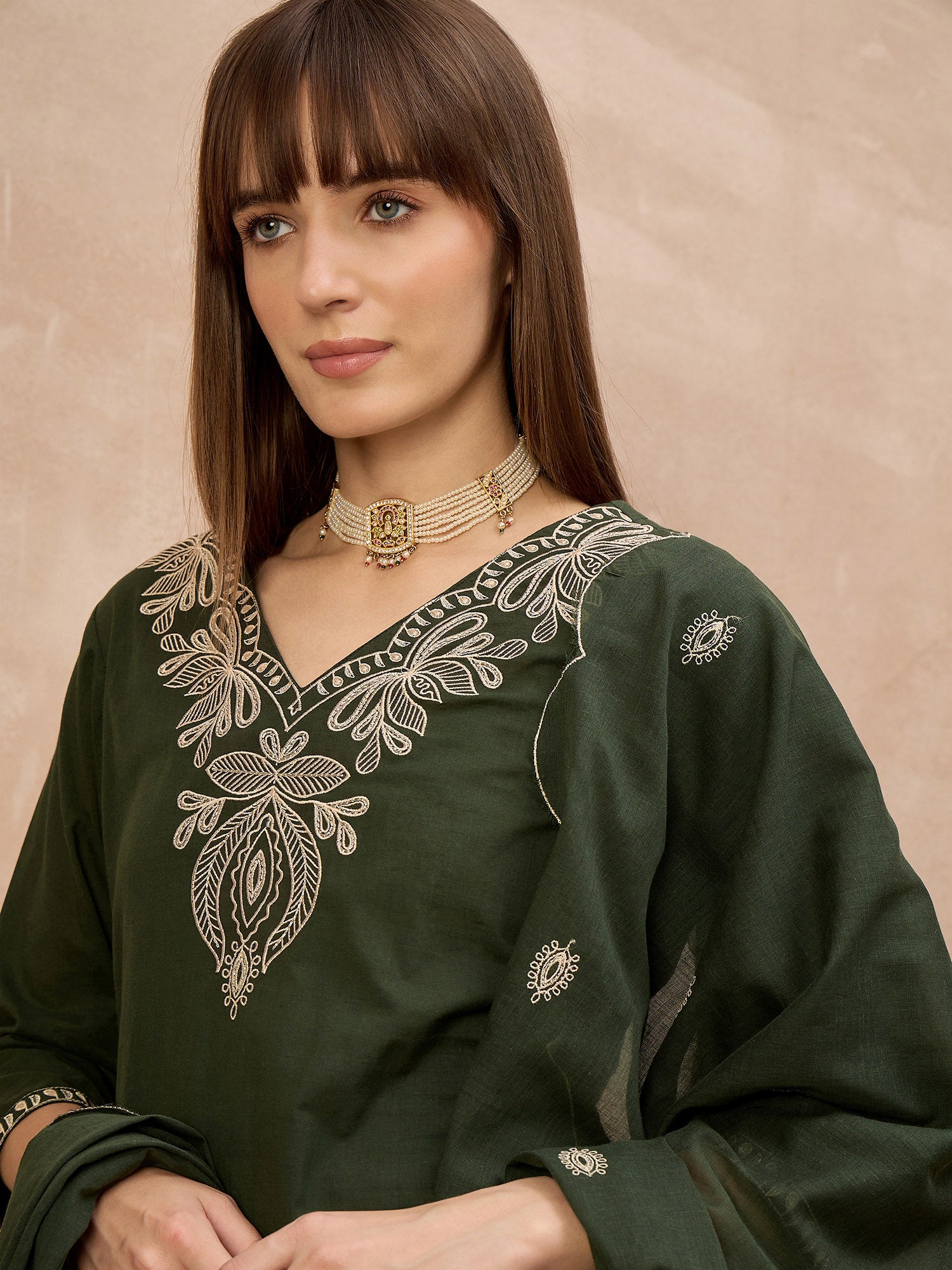 Green Pure Cotton Embroidered A-Line Kurta Trouser With Embroidered Dupatta