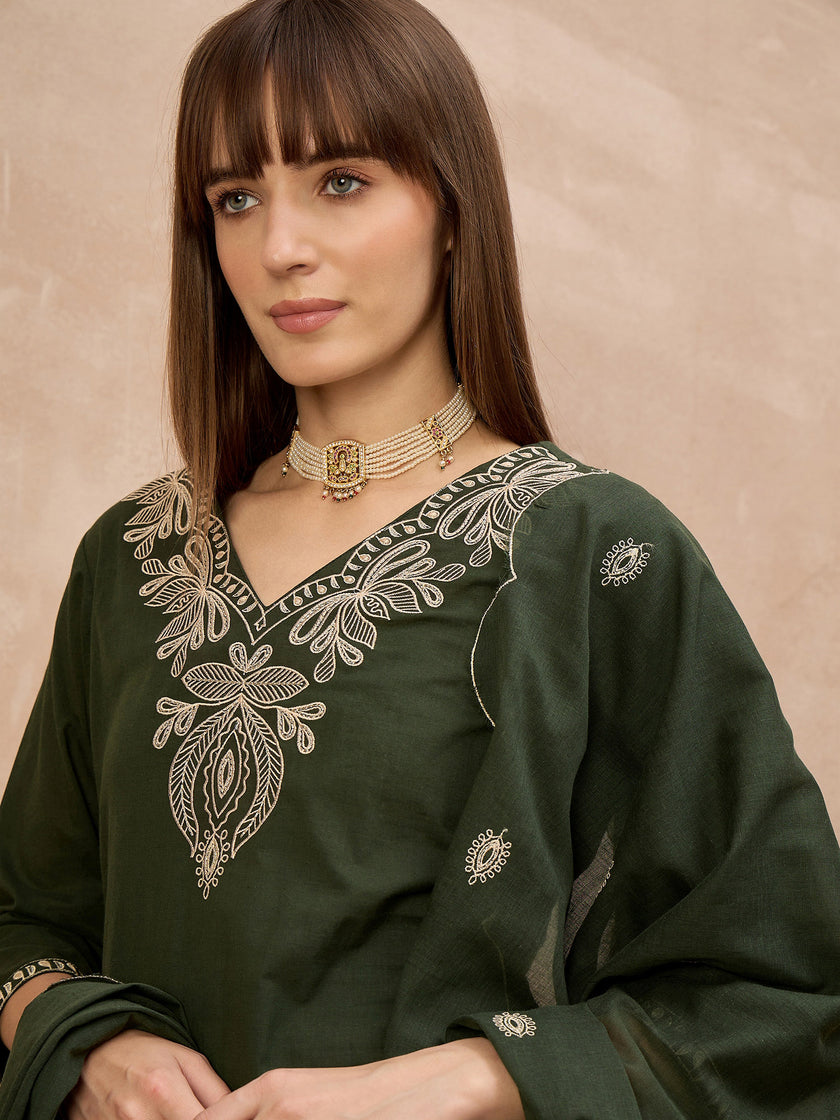 Green Pure Cotton Embroidered A-Line Kurta Trouser With Embroidered Dupatta