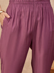 Purple Pure Cotton Solid A-Line Kurta Trouser With Floral & Mirror Embroidered Shrug