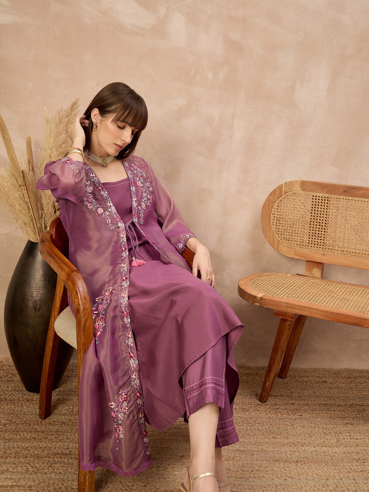 Purple Pure Cotton Solid A-Line Kurta Trouser With Floral & Mirror Embroidered Shrug