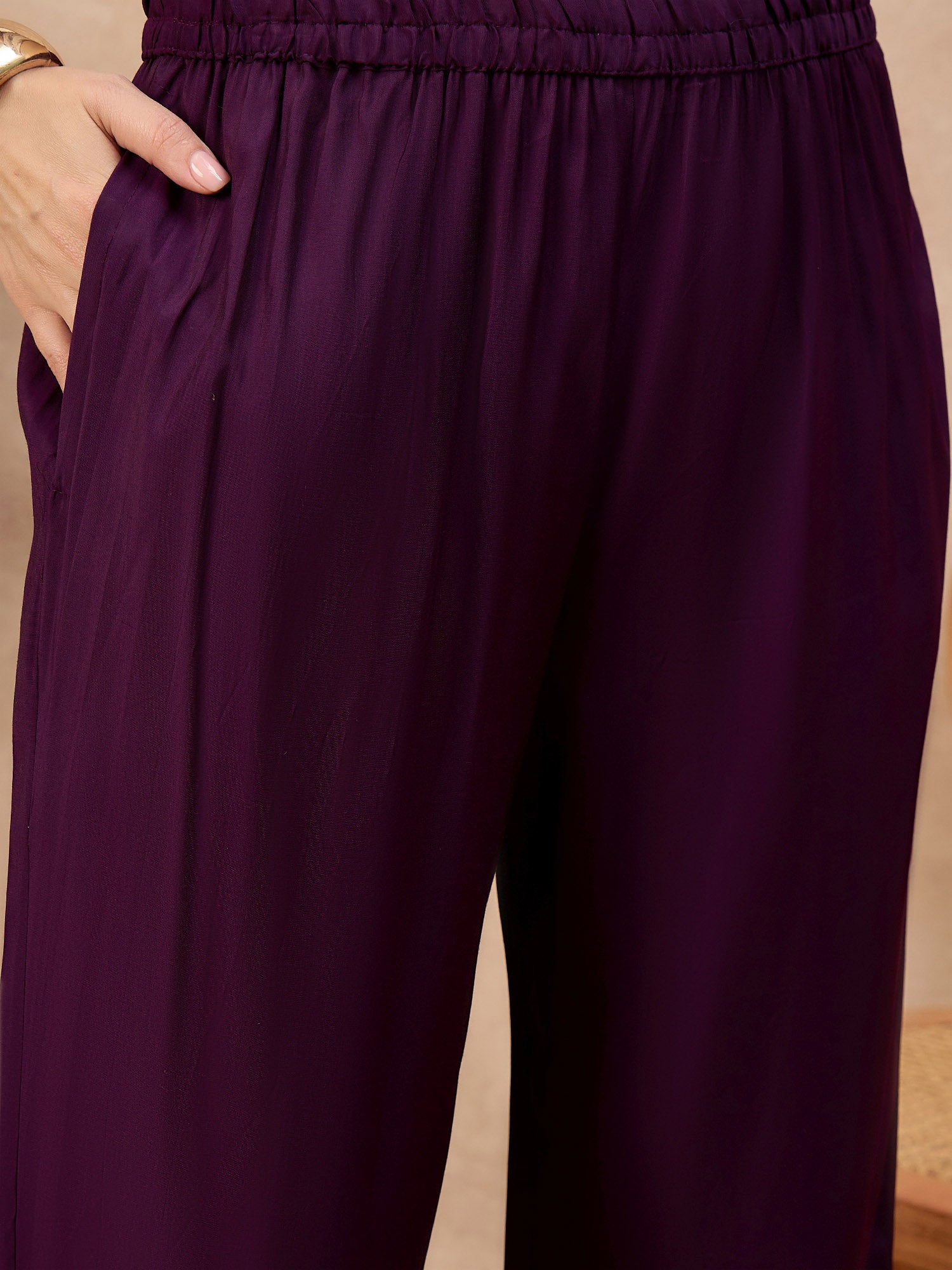 Purple Pure Cotton Beads & Stone Embroidered A-Line Kurta Trouser With Printed Dupatta