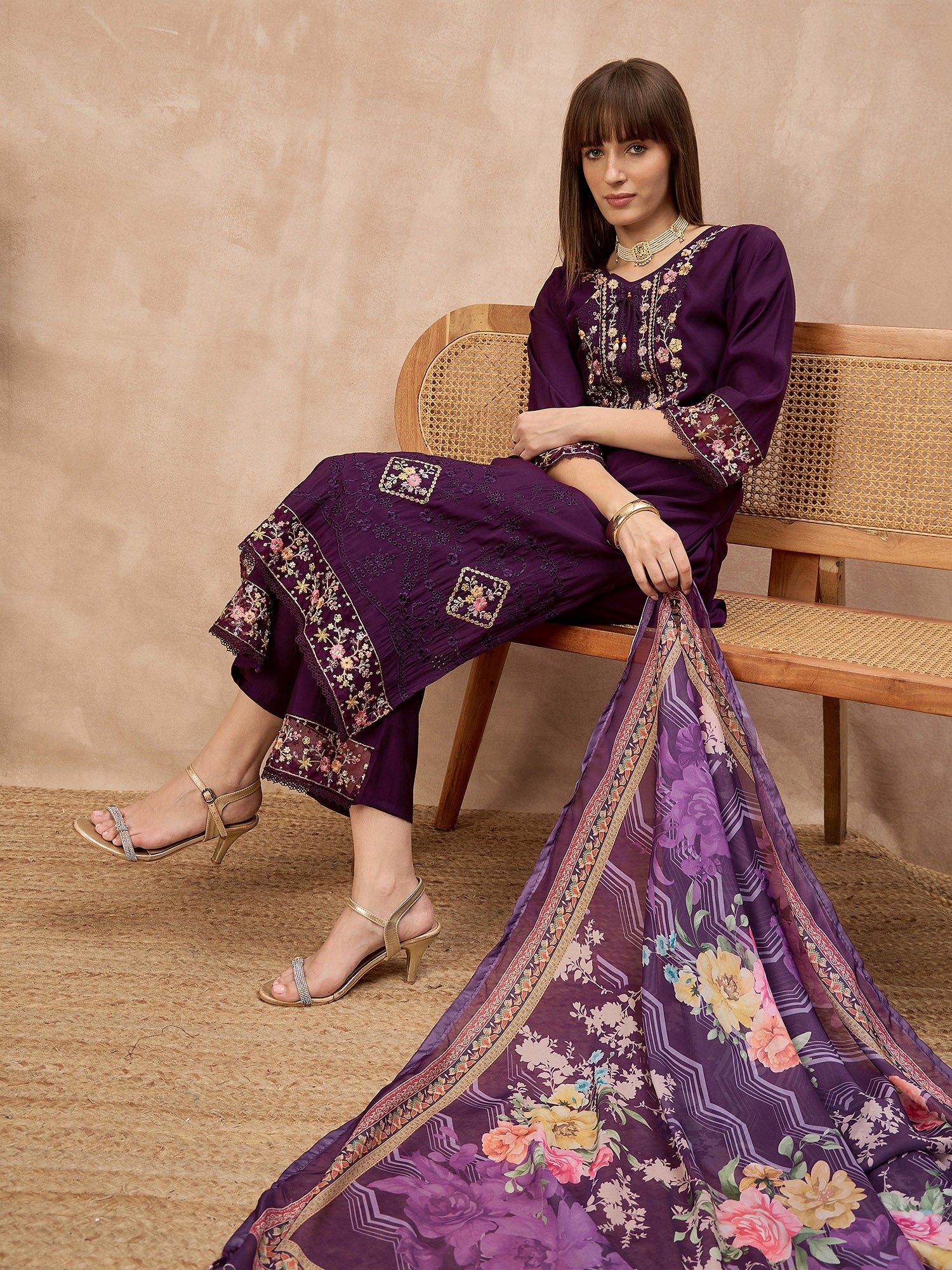 Purple Pure Cotton Beads & Stone Embroidered A-Line Kurta Trouser With Printed Dupatta
