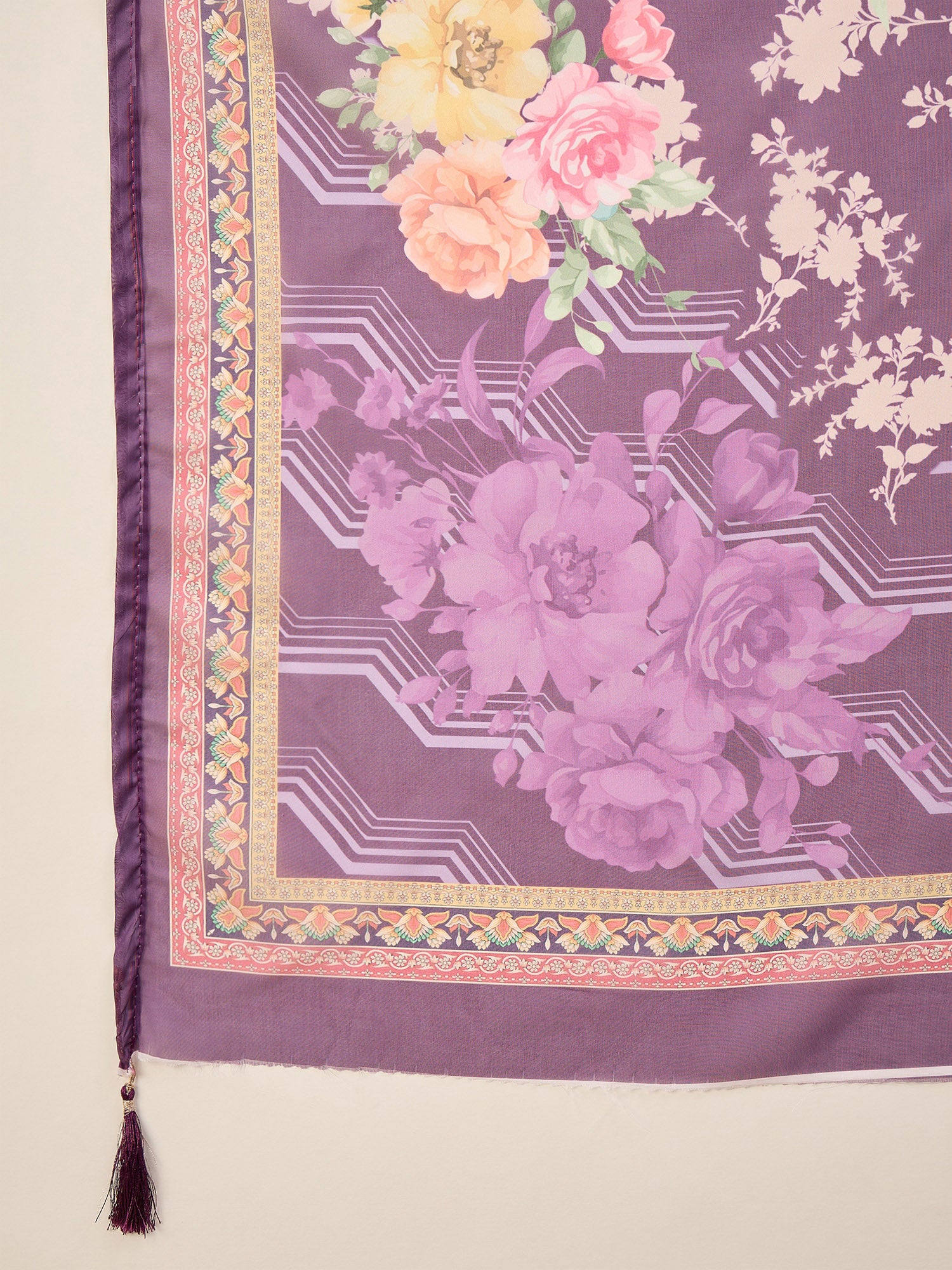 Purple Pure Cotton Beads & Stone Embroidered A-Line Kurta Trouser With Printed Dupatta