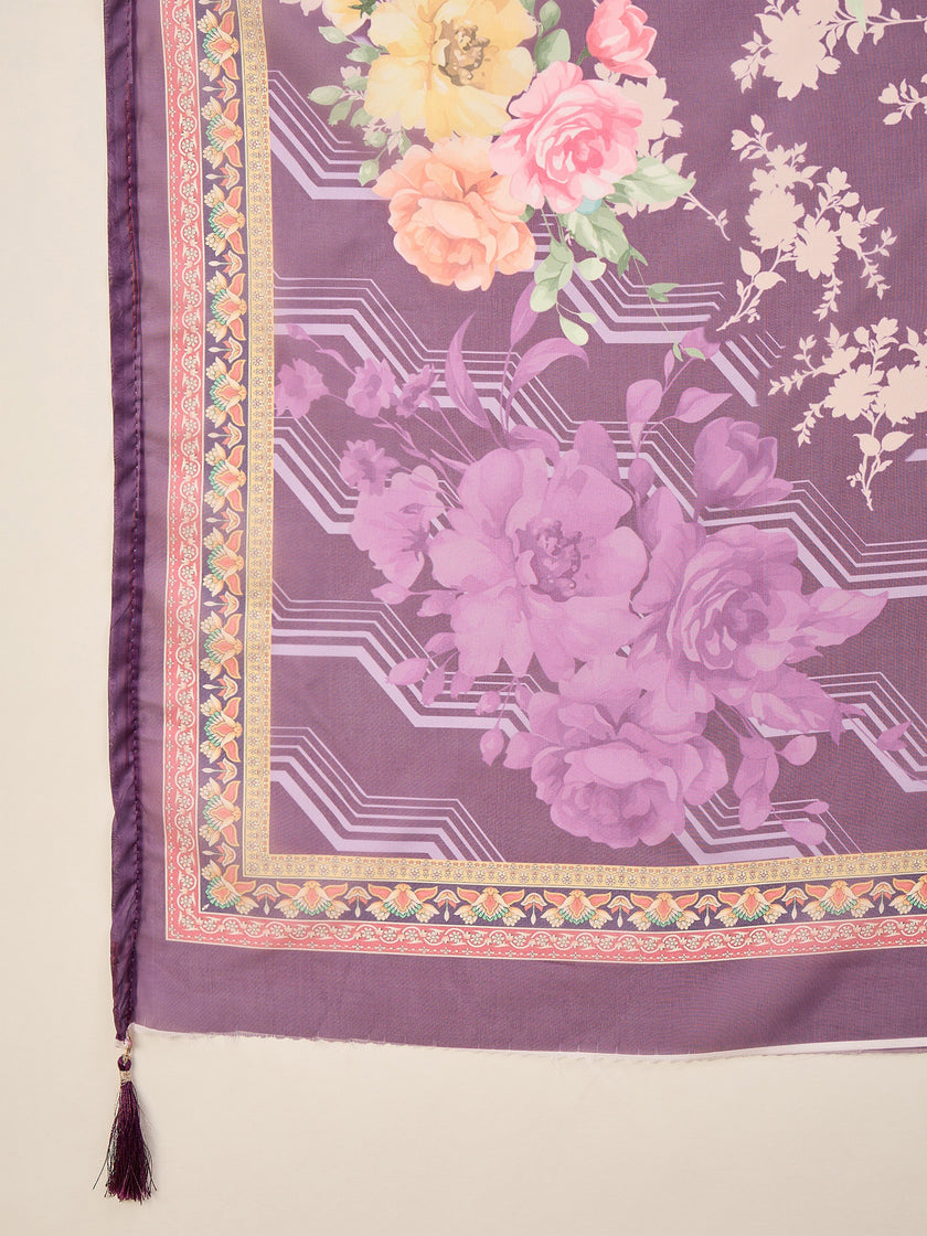 Purple Pure Cotton Beads & Stone Embroidered A-Line Kurta Trouser With Printed Dupatta