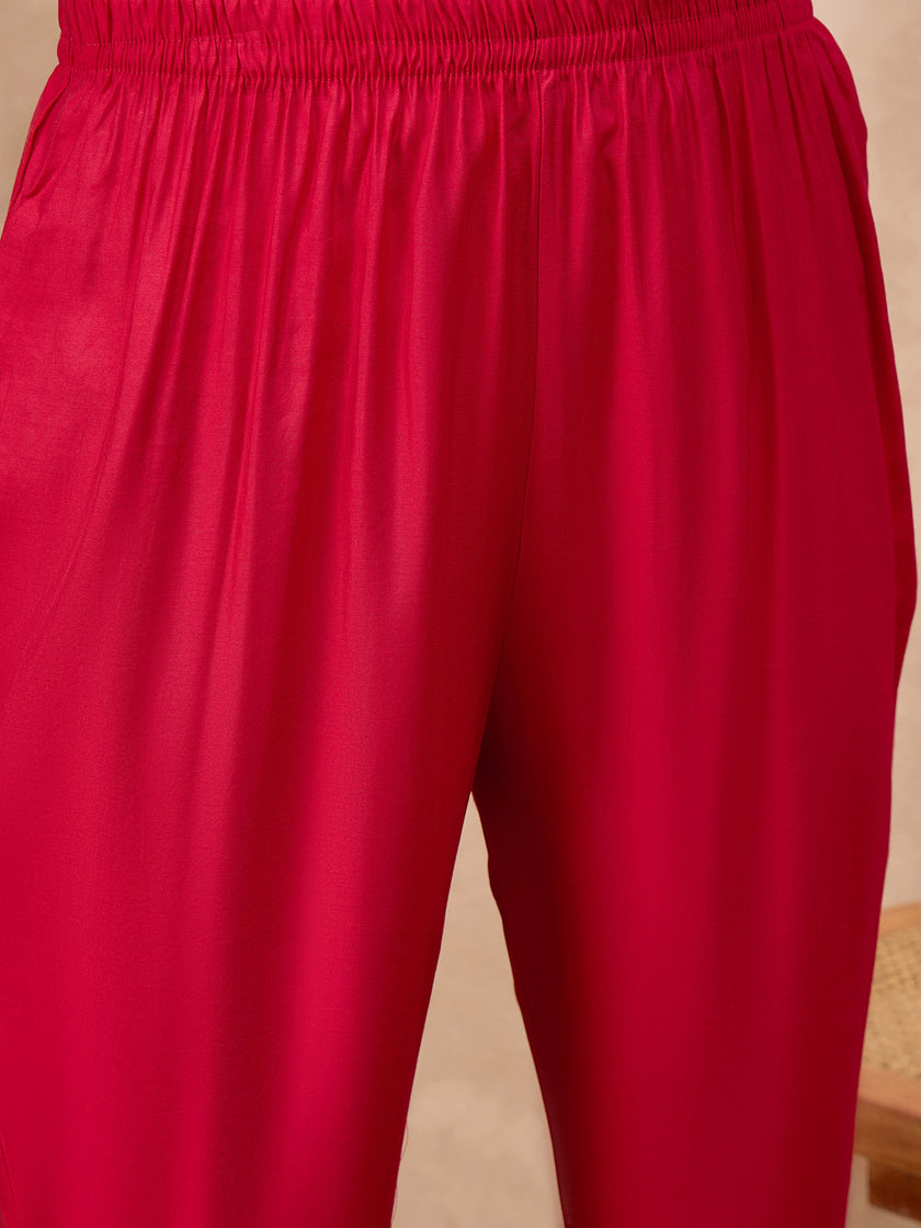 Rose Pure Cotton Beads & Stone Embroidered With Buttons A-Line Kurta Trouser With Printed Dupatta