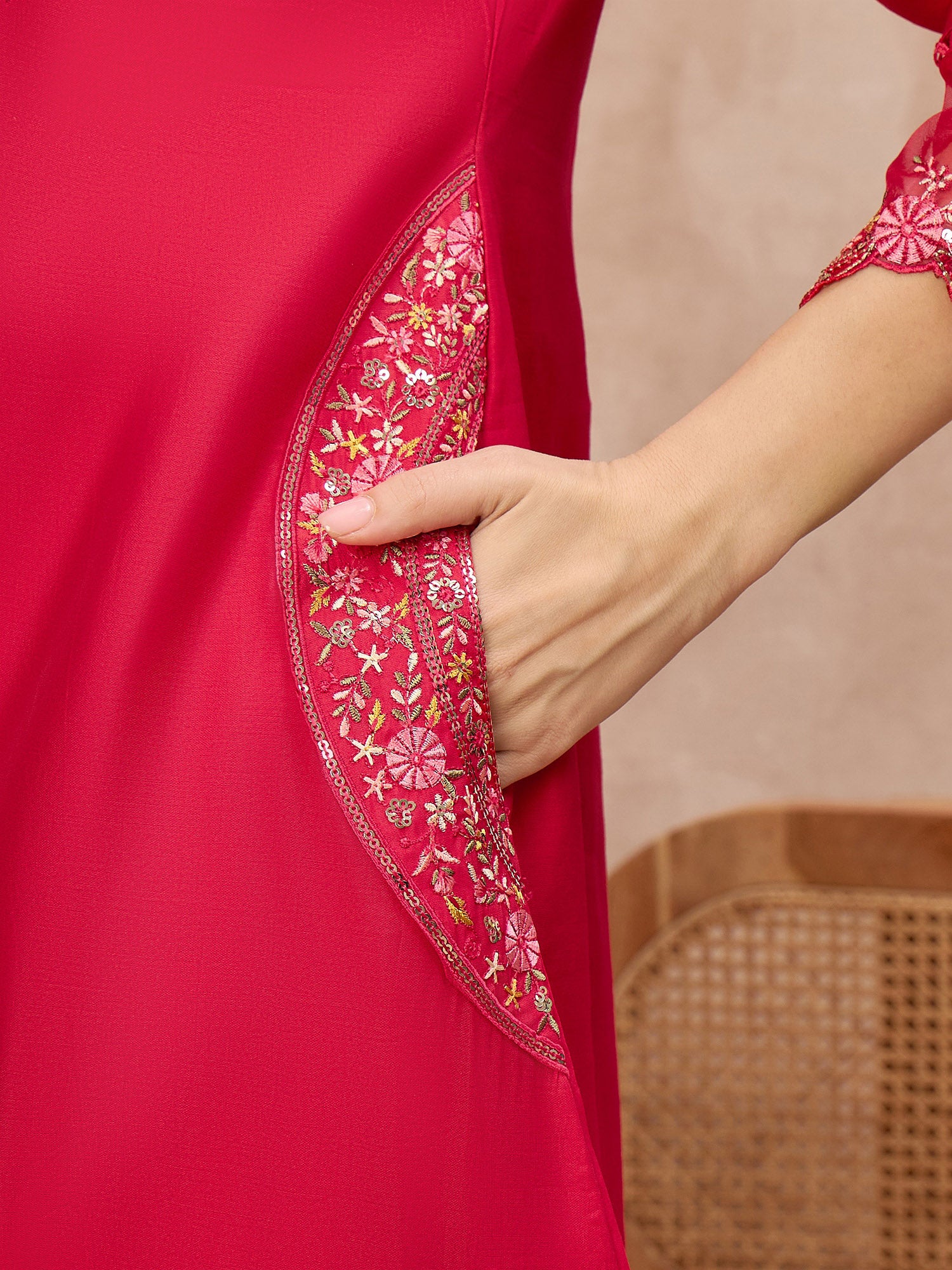 Rose Pure Cotton Beads & Stone Embroidered With Buttons A-Line Kurta Trouser With Printed Dupatta