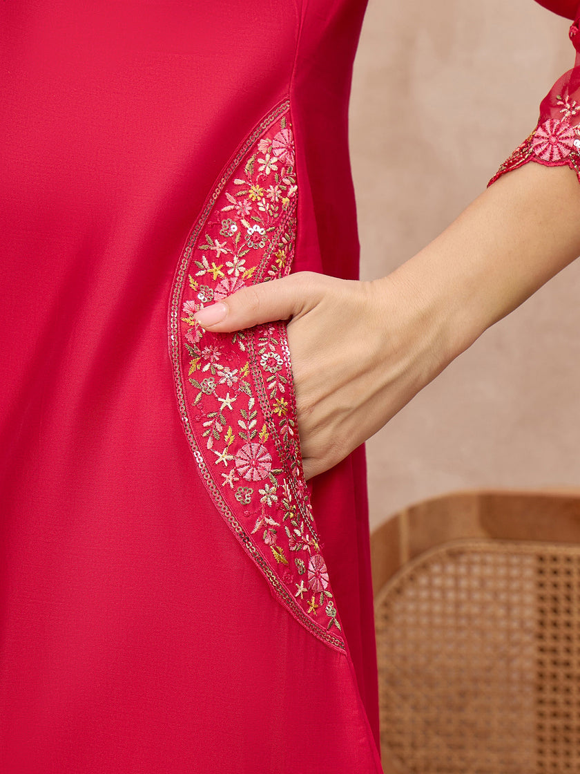 Rose Pure Cotton Beads & Stone Embroidered With Buttons A-Line Kurta Trouser With Printed Dupatta