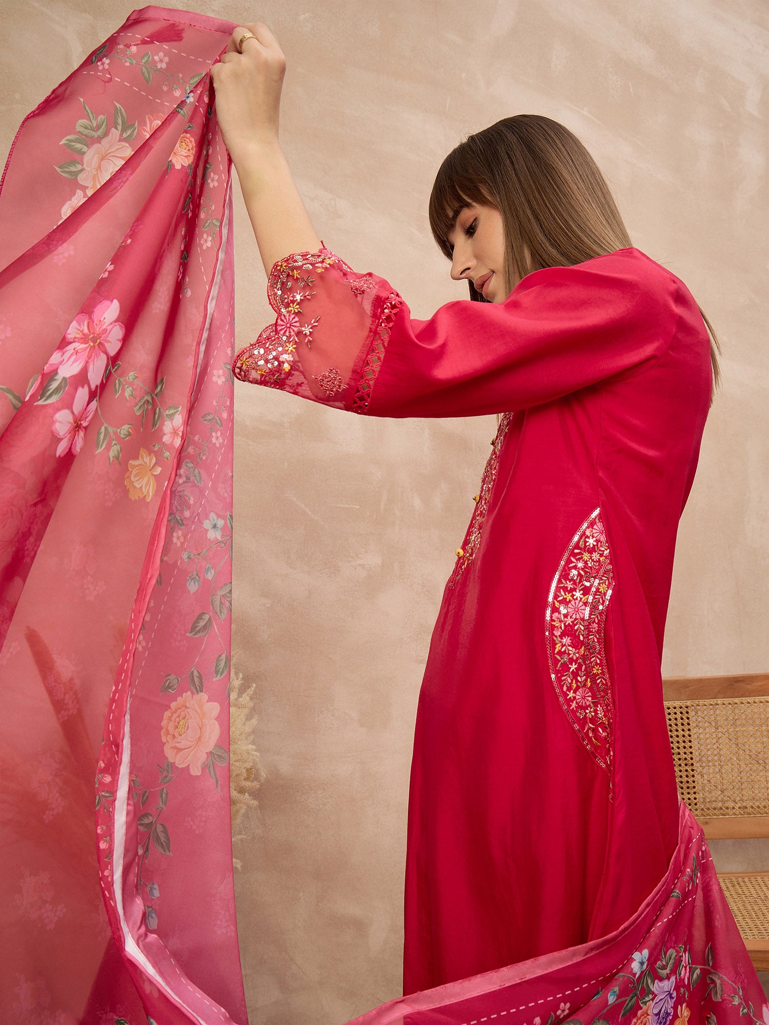 Rose Pure Cotton Beads & Stone Embroidered With Buttons A-Line Kurta Trouser With Printed Dupatta