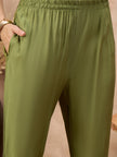 Olive Pure Cotton Solid A-Line Kurta Trouser With Floral & Mirror Embroidered Shrug