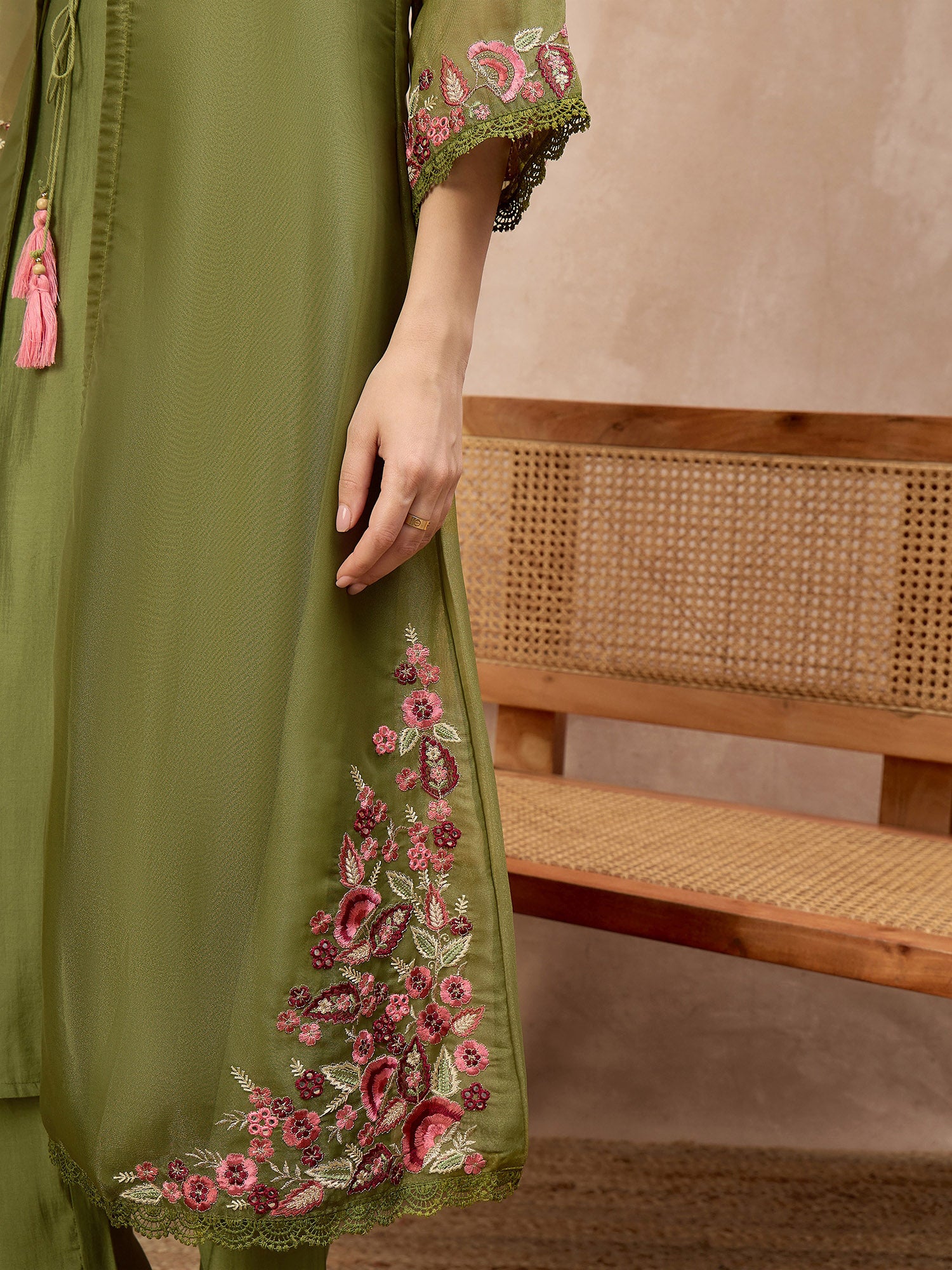 Olive Pure Cotton Solid A-Line Kurta Trouser With Floral & Mirror Embroidered Shrug