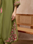 Olive Pure Cotton Solid A-Line Kurta Trouser With Floral & Mirror Embroidered Shrug