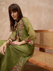 Olive Pure Cotton Solid A-Line Kurta Trouser With Floral & Mirror Embroidered Shrug