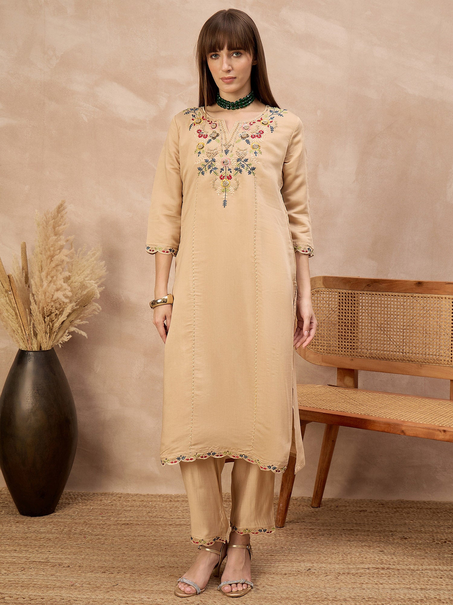 Beige Silk Blend Embroideried A-Line Kurta Trouser With Dupatta