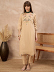 Beige Silk Blend Embroideried A-Line Kurta Trouser With Dupatta