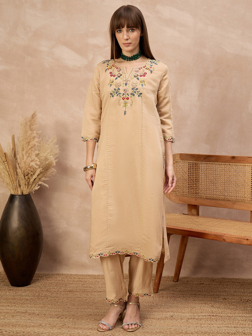 Beige Silk Blend Embroideried A-Line Kurta Trouser With Dupatta
