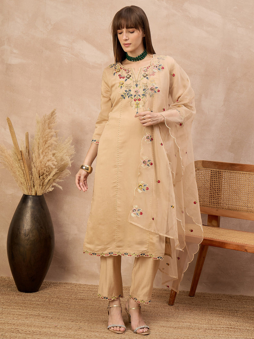 Beige Silk Blend Embroideried A-Line Kurta Trouser With Dupatta
