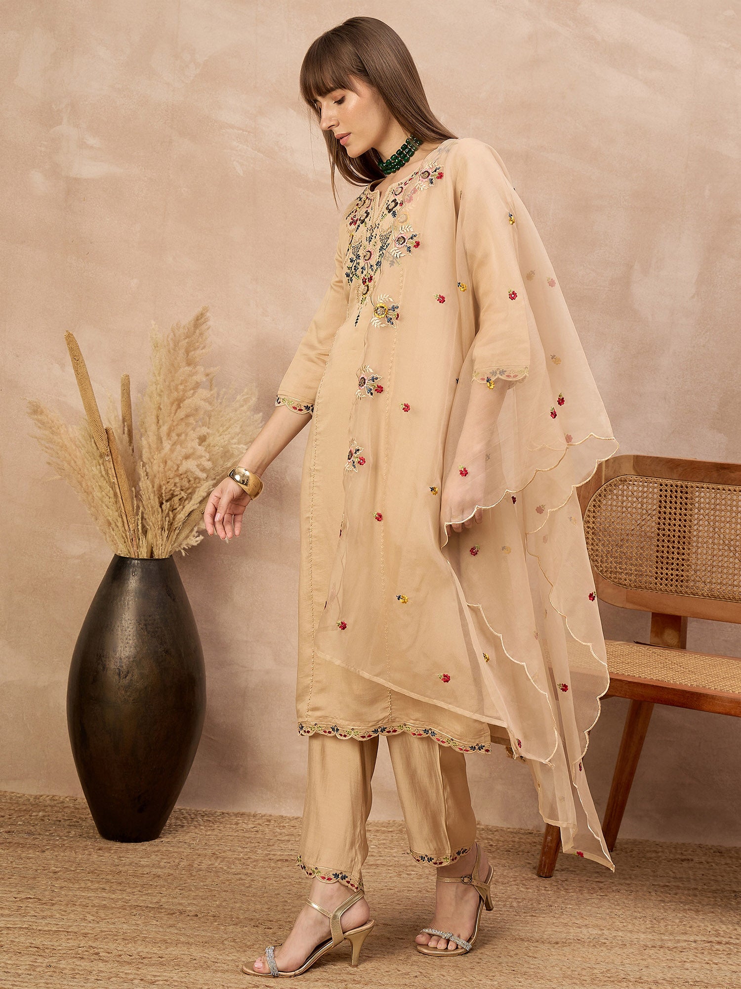 Beige Silk Blend Embroideried A-Line Kurta Trouser With Dupatta