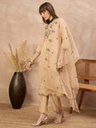 Beige Silk Blend Embroideried A-Line Kurta Trouser With Dupatta
