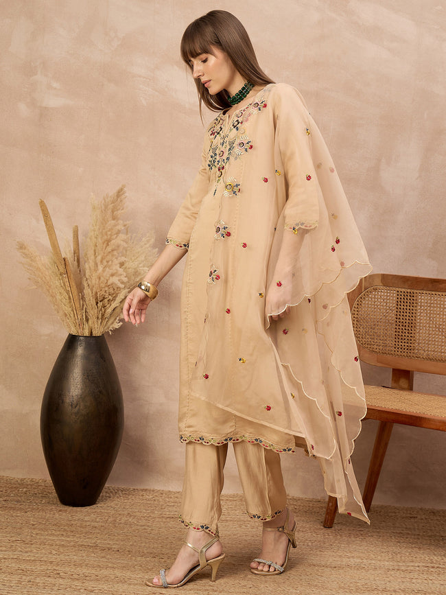 Beige Silk Blend Embroideried A-Line Kurta Trouser With Dupatta