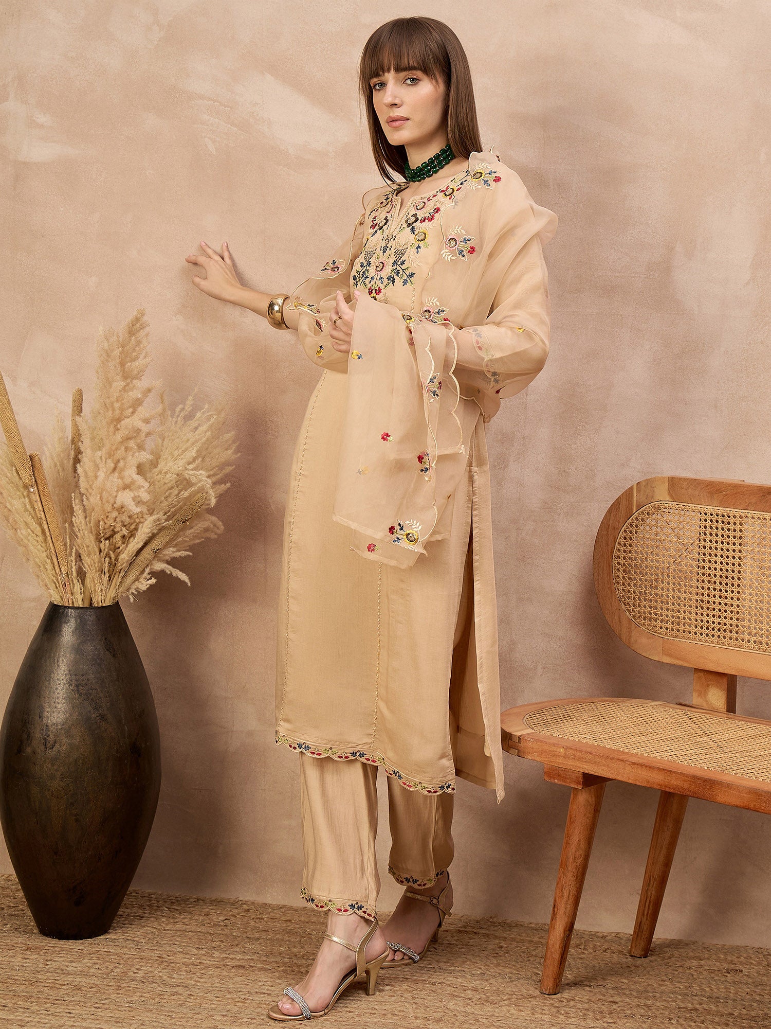 Beige Silk Blend Embroideried A-Line Kurta Trouser With Dupatta