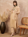 Beige Silk Blend Embroideried A-Line Kurta Trouser With Dupatta