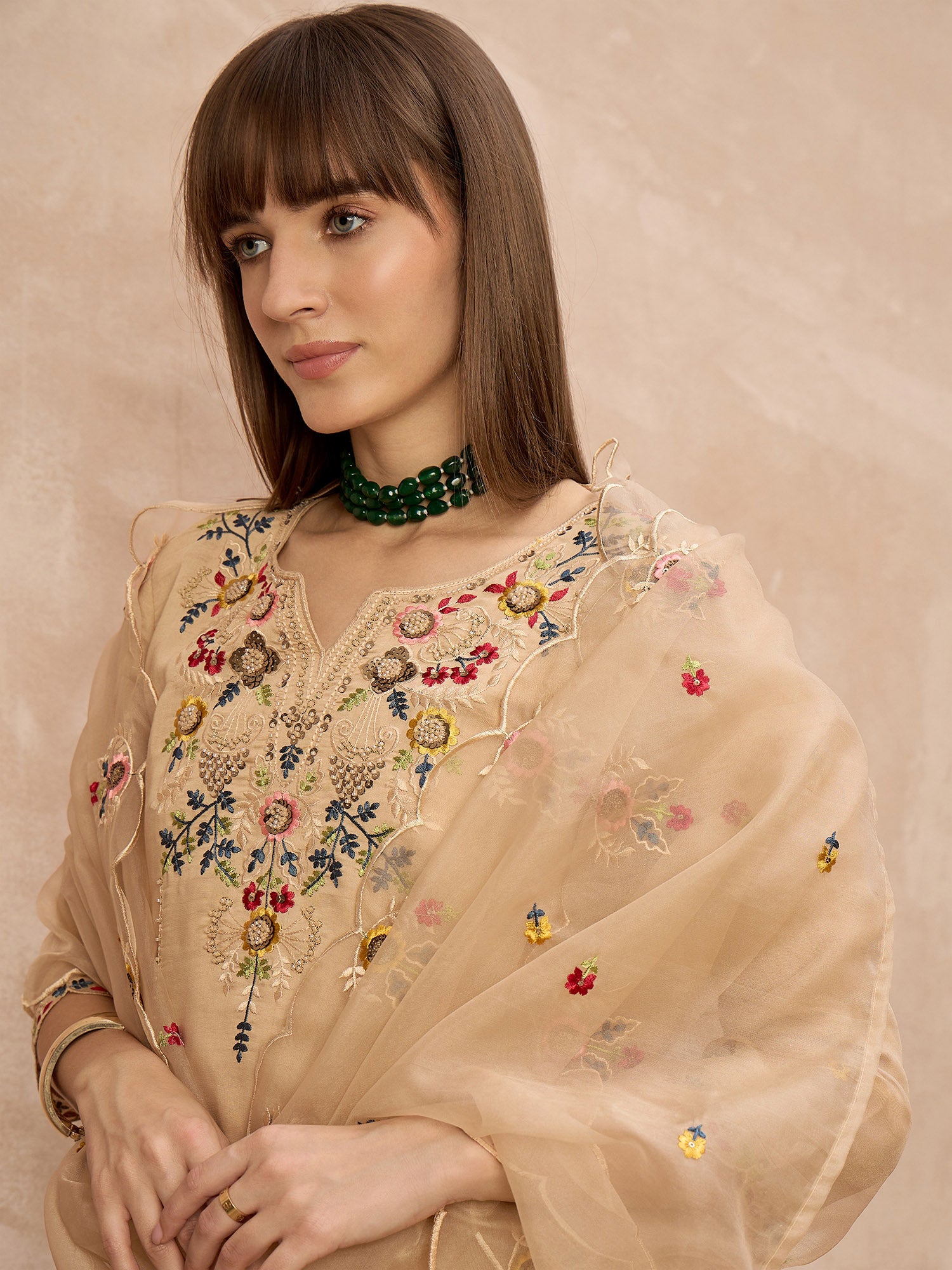 Beige Silk Blend Embroideried A-Line Kurta Trouser With Dupatta