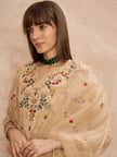 Beige Silk Blend Embroideried A-Line Kurta Trouser With Dupatta